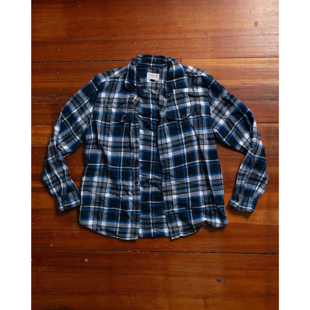 American Eagle Super Soft Flannel Shirt Mens M Plaid Blue White Button Up